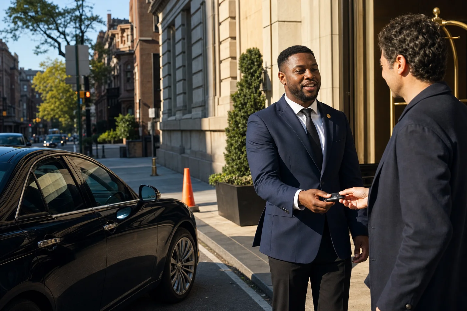 Valet attendant receiving a guest's keys outside a Philadelphia venue